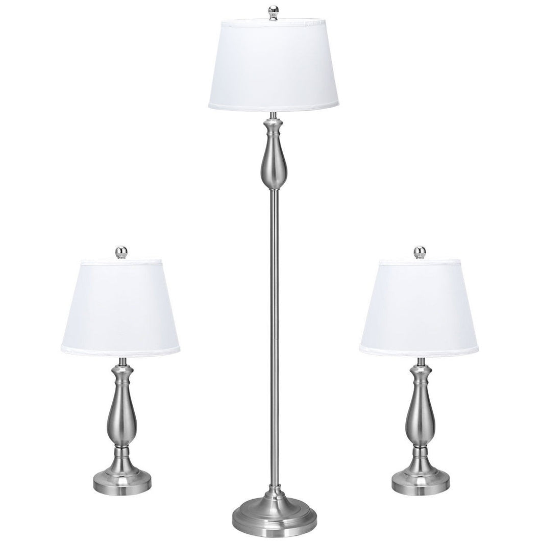 3 pcs Brushed Nickel Lamp Set 2 Table Lamps 1 Floor Lamp